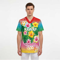 Hawaii Aloha Tropical Leaves and Flower Scrub Top with Polynesian Art Tattoo Rainbow Color - Polynesian Pride