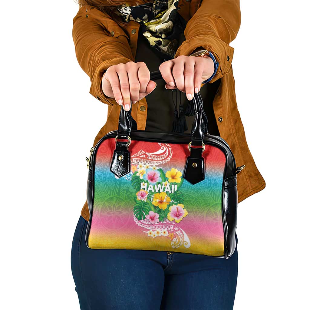 Hawaii Aloha Tropical Leaves and Flower Shoulder Handbag with Polynesian Art Tattoo Rainbow Color - Polynesian Pride