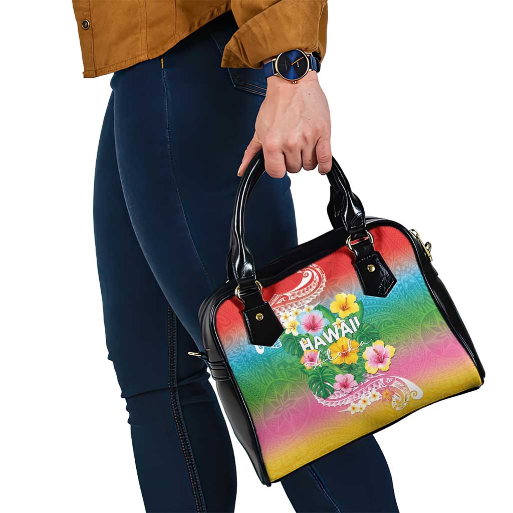 Hawaii Aloha Tropical Leaves and Flower Shoulder Handbag with Polynesian Art Tattoo Rainbow Color - Polynesian Pride