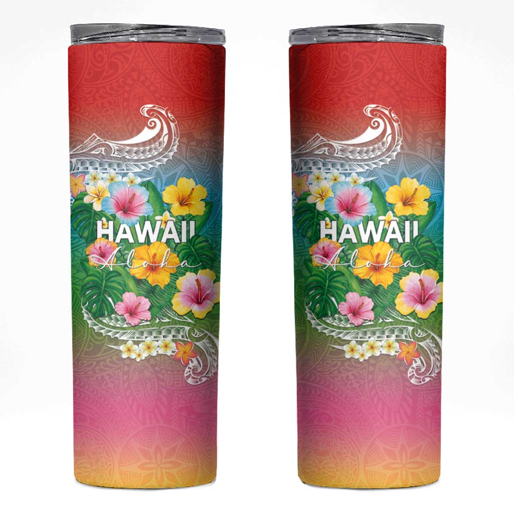 Hawaii Aloha Tropical Leaves and Flower Skinny Tumbler with Polynesian Art Tattoo Rainbow Color - Polynesian Pride