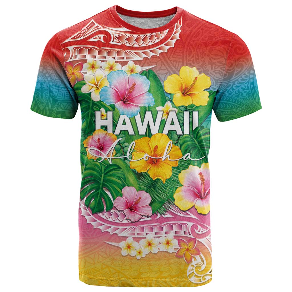Hawaii Aloha Tropical Leaves and Flower T Shirt with Polynesian Art Tattoo Rainbow Color - Polynesian Pride