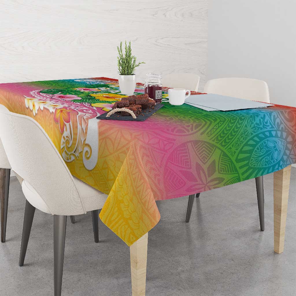Hawaii Aloha Tropical Leaves and Flower Tablecloth with Polynesian Art Tattoo Rainbow Color - Polynesian Pride