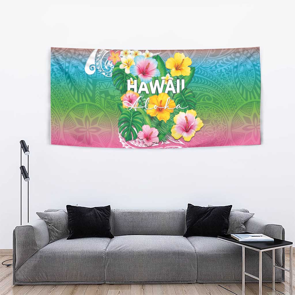 Hawaii Aloha Tropical Leaves and Flower Tapestry with Polynesian Art Tattoo Rainbow Color - Polynesian Pride