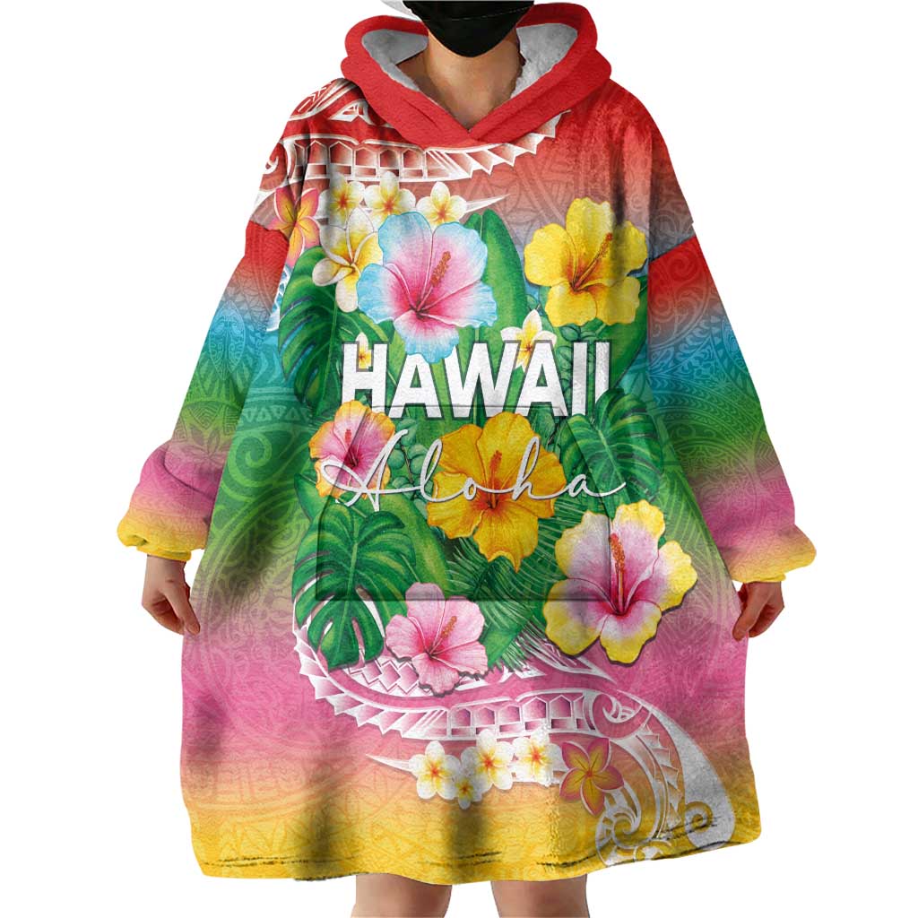 Hawaii Aloha Tropical Leaves and Flower Wearable Blanket Hoodie with Polynesian Art Tattoo Rainbow Color LT03 - Polynesian Pride