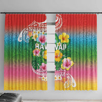 Hawaii Aloha Tropical Leaves and Flower Window Curtain with Polynesian Art Tattoo Rainbow Color - Polynesian Pride