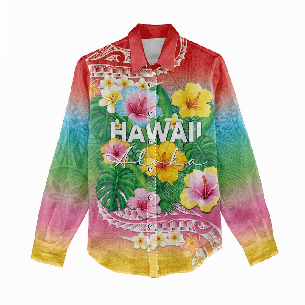 Hawaii Aloha Tropical Leaves and Flower Women Casual Shirt with Polynesian Art Tattoo Rainbow Color - Polynesian Pride