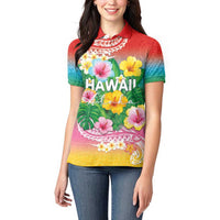 Hawaii Aloha Tropical Leaves and Flower Women Polo Shirt with Polynesian Art Tattoo Rainbow Color - Polynesian Pride