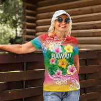 Hawaii Aloha Tropical Leaves and Flower Women Polo Shirt with Polynesian Art Tattoo Rainbow Color - Polynesian Pride