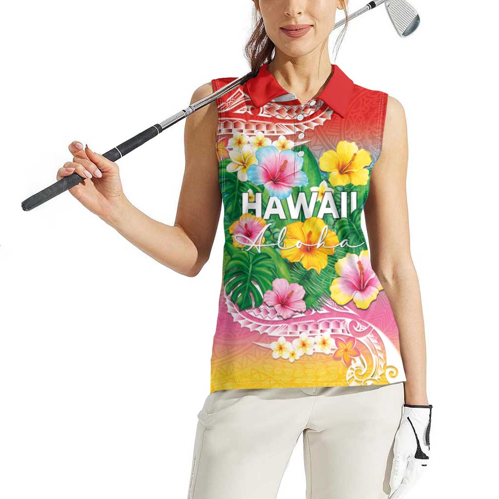 Hawaii Aloha Tropical Leaves and Flower Women Sleeveless Polo Shirt with Polynesian Art Tattoo Rainbow Color - Polynesian Pride