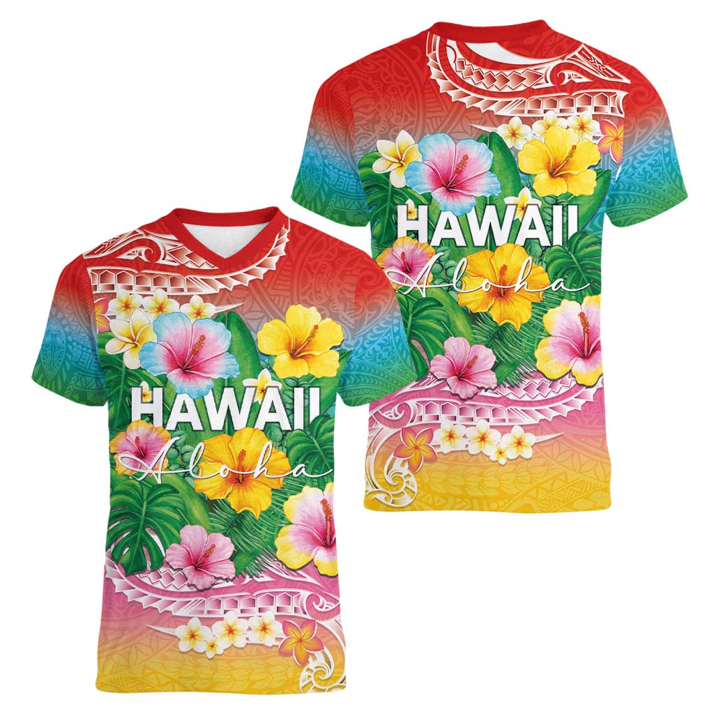 Hawaii Aloha Tropical Leaves and Flower Women V-Neck T-Shirt with Polynesian Art Tattoo Rainbow Color LT03 - Polynesian Pride