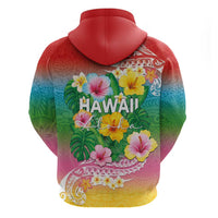 Hawaii Aloha Tropical Leaves and Flower Zip Hoodie with Polynesian Art Tattoo Rainbow Color - Polynesian Pride