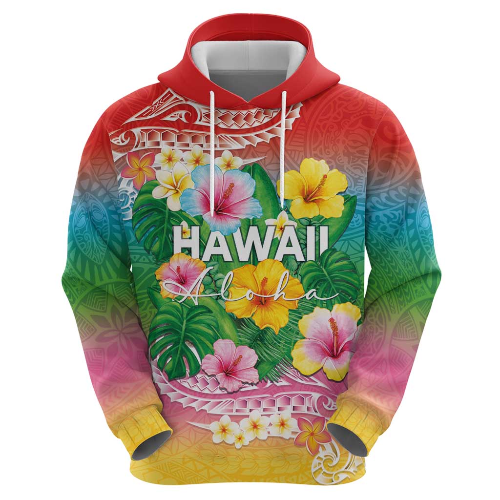 Hawaii Aloha Tropical Leaves and Flower Zip Hoodie with Polynesian Art Tattoo Rainbow Color - Polynesian Pride