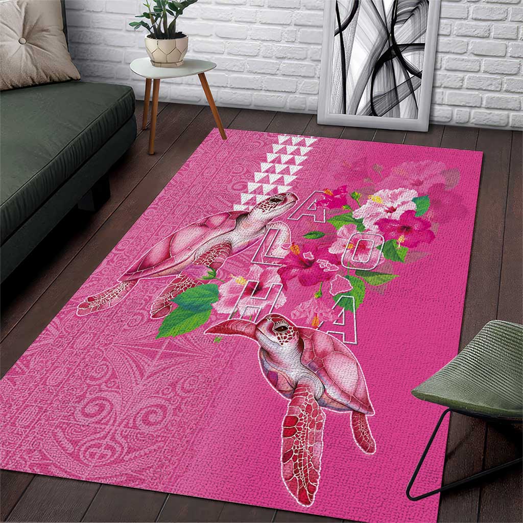 Hawaii Aloha Turtle Hibiscus and Leaves Area Rug with Polynesian and Kakau Tattoos Rose Color - Polynesian Pride