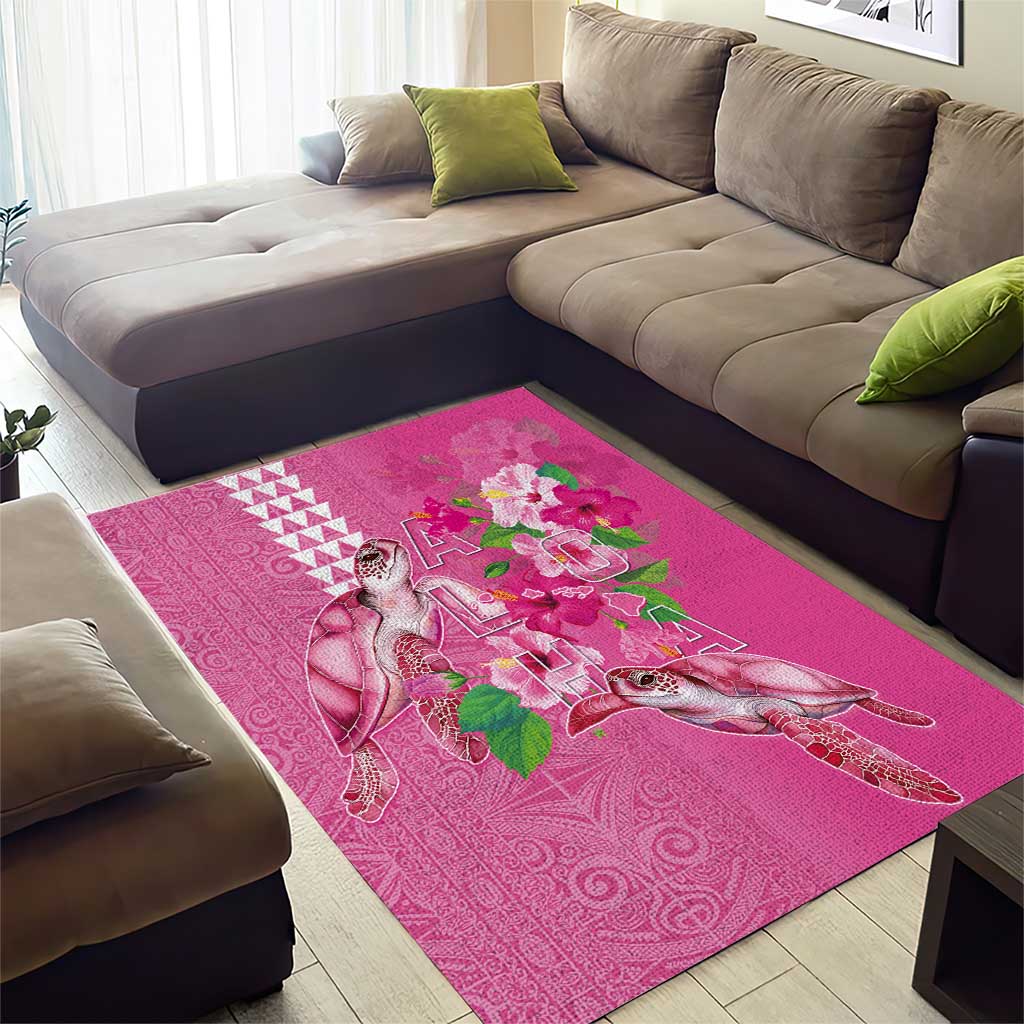 Hawaii Aloha Turtle Hibiscus and Leaves Area Rug with Polynesian and Kakau Tattoos Rose Color - Polynesian Pride