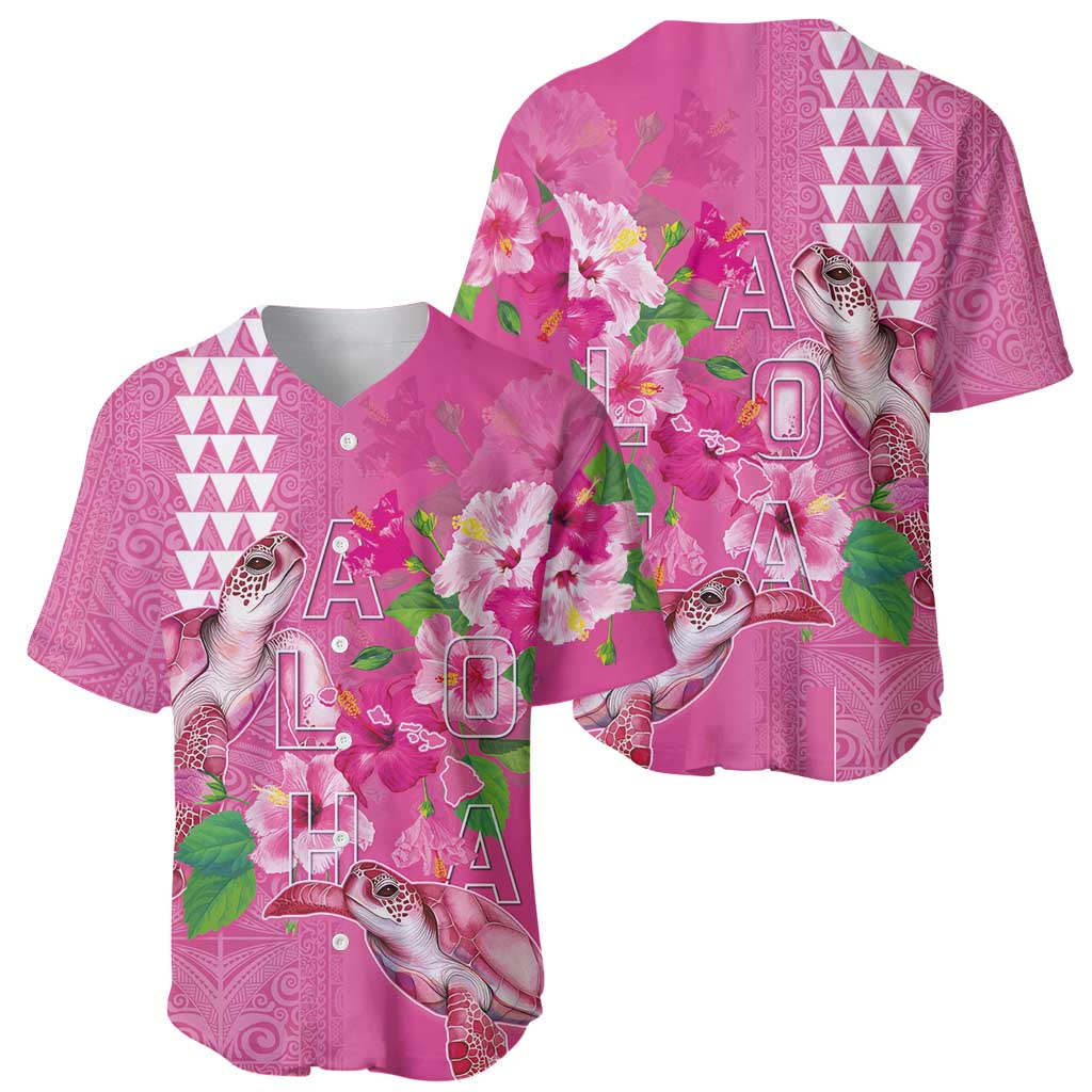 Hawaii Aloha Turtle Hibiscus and Leaves Baseball Jersey with Polynesian and Kakau Tattoos Rose Color - Polynesian Pride
