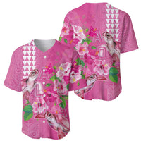 Hawaii Aloha Turtle Hibiscus and Leaves Baseball Jersey with Polynesian and Kakau Tattoos Rose Color - Polynesian Pride