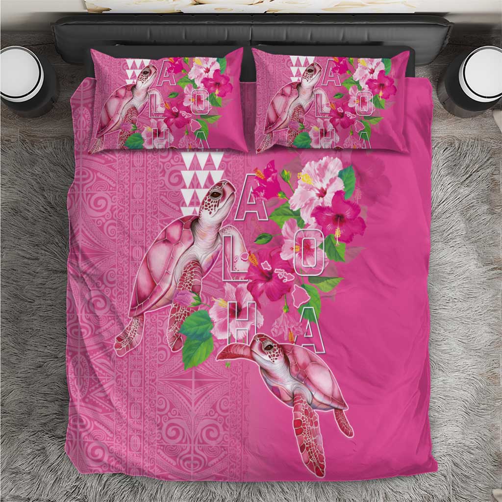 Hawaii Aloha Turtle Hibiscus and Leaves Bedding Set with Polynesian and Kakau Tattoos Rose Color - Polynesian Pride