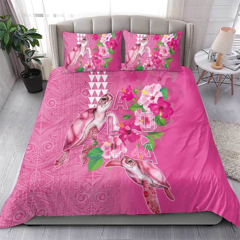 Hawaii Aloha Turtle Hibiscus and Leaves Bedding Set with Polynesian and Kakau Tattoos Rose Color - Polynesian Pride
