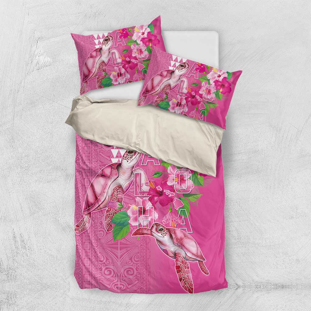 Hawaii Aloha Turtle Hibiscus and Leaves Bedding Set with Polynesian and Kakau Tattoos Rose Color - Polynesian Pride