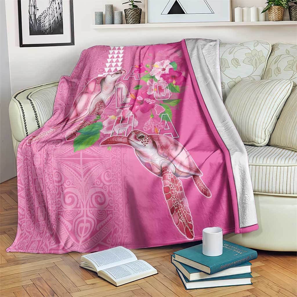 Hawaii Aloha Turtle Hibiscus and Leaves Blanket with Polynesian and Kakau Tattoos Rose Color - Polynesian Pride