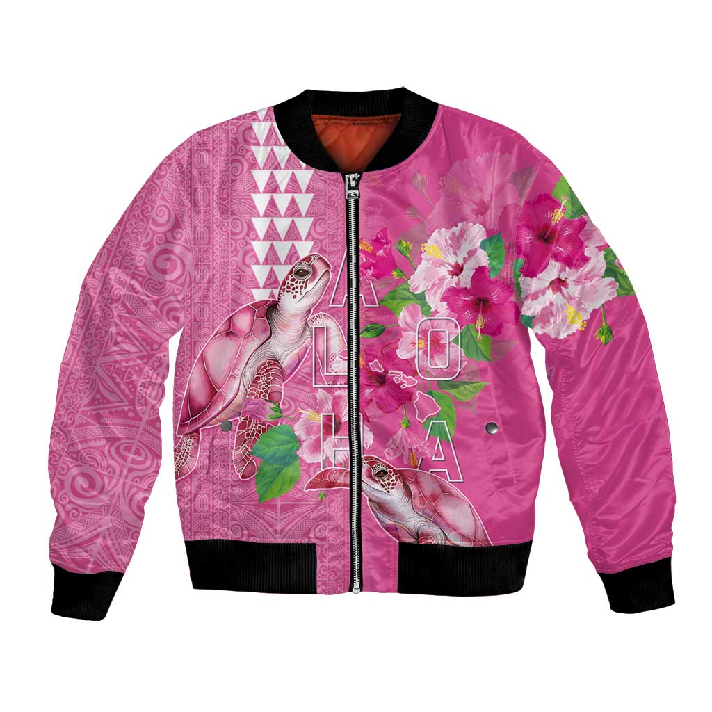 Hawaii Aloha Turtle Hibiscus and Leaves Bomber Jacket with Polynesian and Kakau Tattoos Rose Color - Polynesian Pride