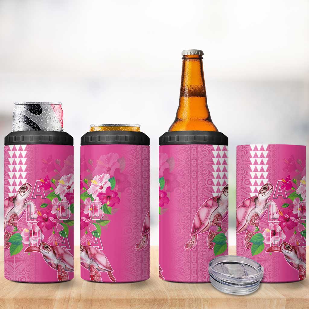 Hawaii Aloha Turtle Hibiscus and Leaves 4 in 1 Can Cooler Tumbler with Polynesian and Kakau Tattoos Rose Color - Polynesian Pride