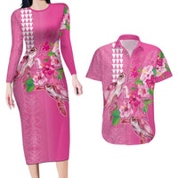 Hawaii Aloha Turtle Hibiscus and Leaves Couples Matching Long Sleeve Bodycon Dress and Hawaiian Shirt with Polynesian and Kakau Tattoos Rose Color LT03 Pink - Polynesian Pride