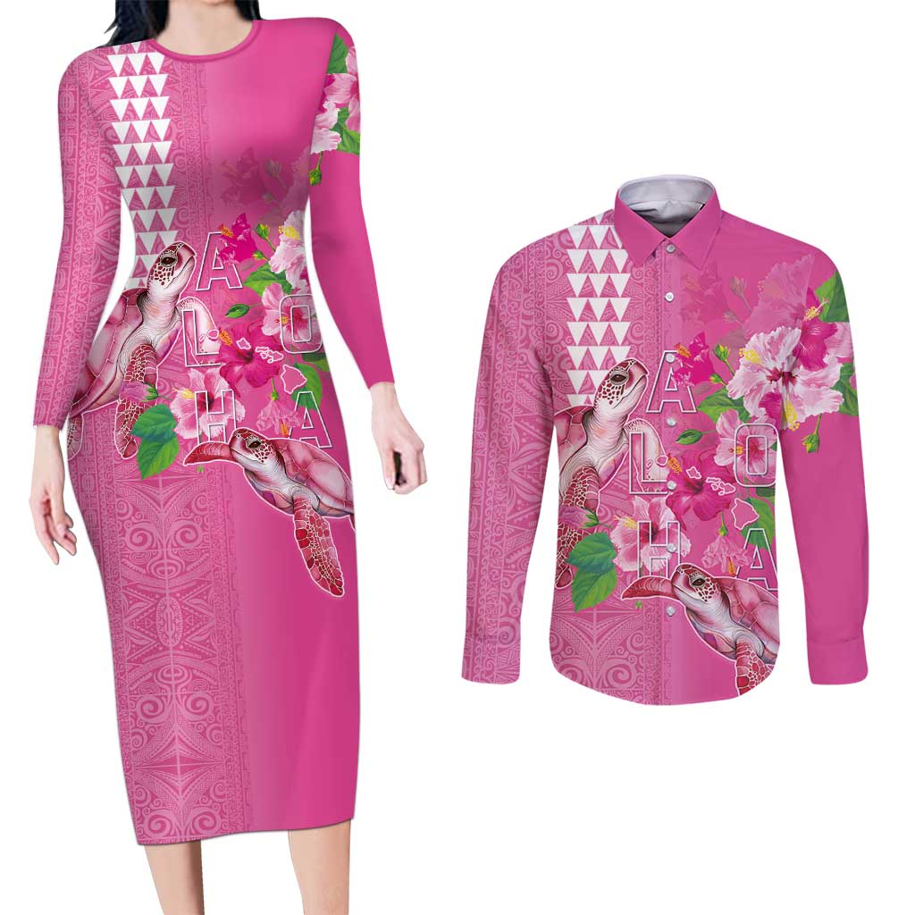 Hawaii Aloha Turtle Hibiscus and Leaves Couples Matching Long Sleeve Bodycon Dress and Long Sleeve Button Shirt with Polynesian and Kakau Tattoos Rose Color LT03 Pink - Polynesian Pride