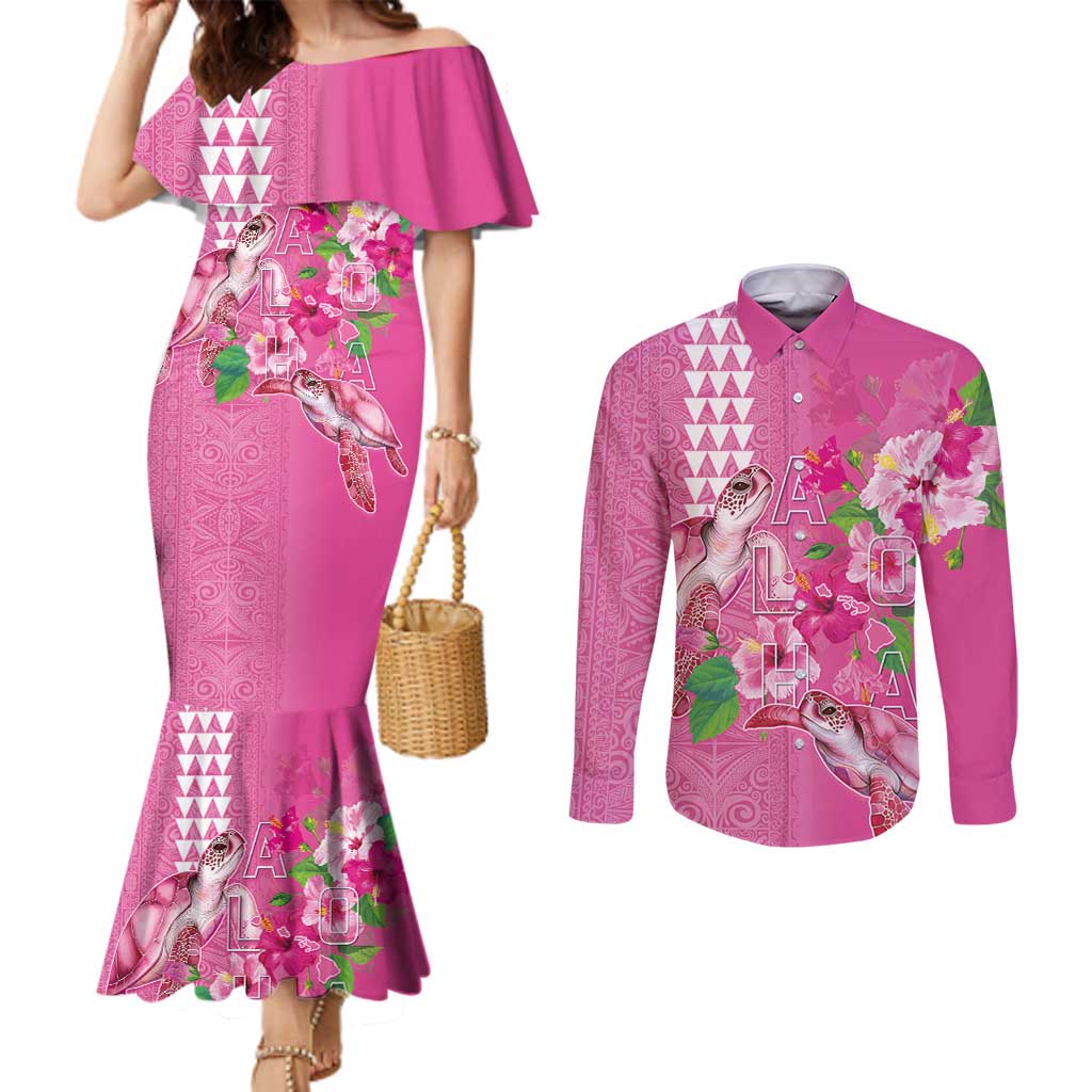 Hawaii Aloha Turtle Hibiscus and Leaves Couples Matching Mermaid Dress and Long Sleeve Button Shirt with Polynesian and Kakau Tattoos Rose Color LT03 Pink - Polynesian Pride