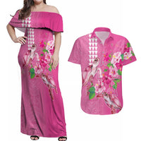 Hawaii Aloha Turtle Hibiscus and Leaves Couples Matching Off Shoulder Maxi Dress and Hawaiian Shirt with Polynesian and Kakau Tattoos Rose Color LT03 Pink - Polynesian Pride