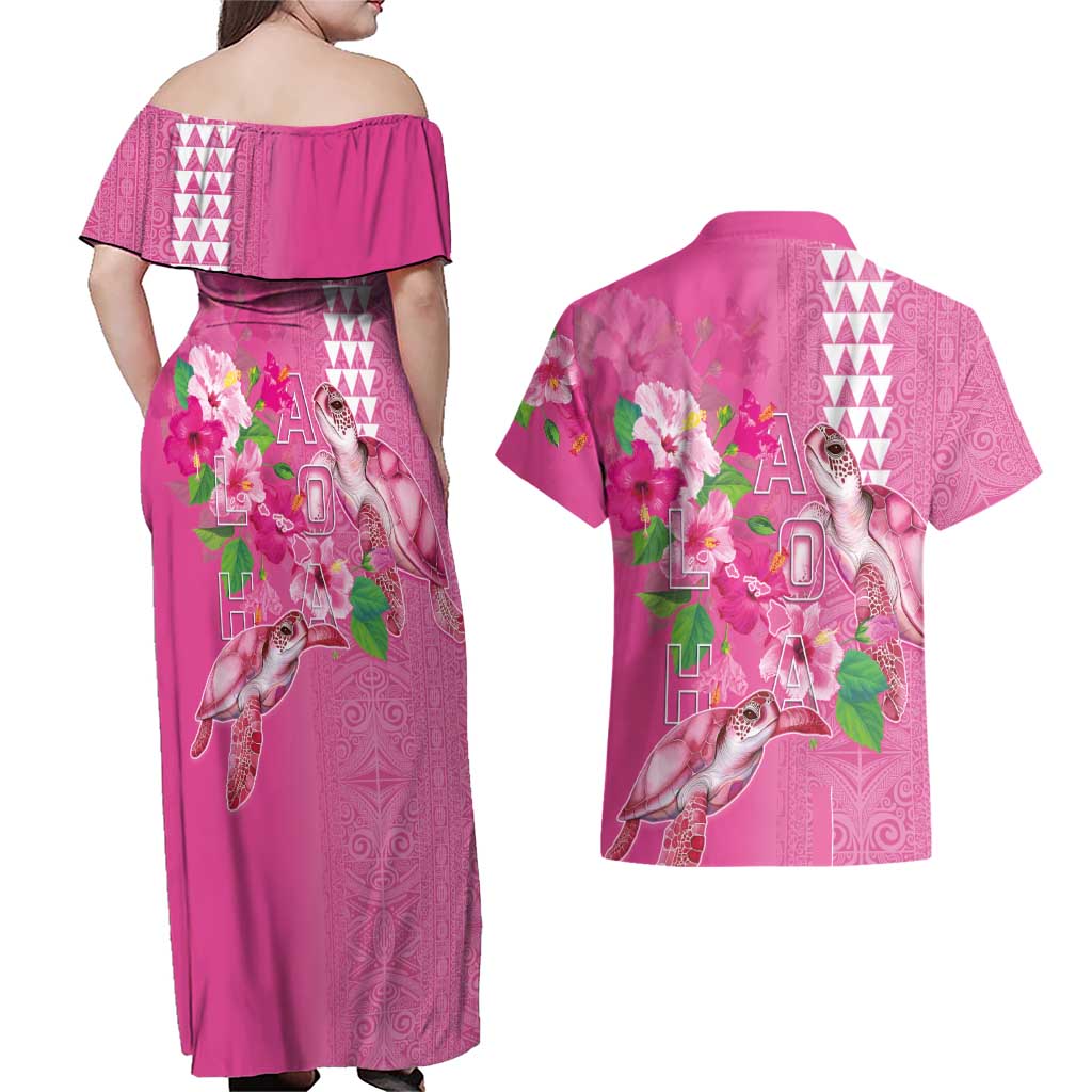 Hawaii Aloha Turtle Hibiscus and Leaves Couples Matching Off Shoulder Maxi Dress and Hawaiian Shirt with Polynesian and Kakau Tattoos Rose Color LT03 - Polynesian Pride