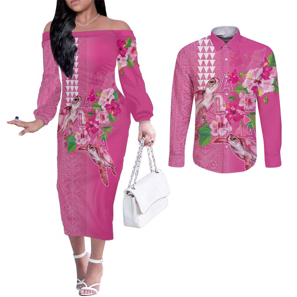 Hawaii Aloha Turtle Hibiscus and Leaves Couples Matching Off The Shoulder Long Sleeve Dress and Long Sleeve Button Shirt with Polynesian and Kakau Tattoos Rose Color LT03 Pink - Polynesian Pride