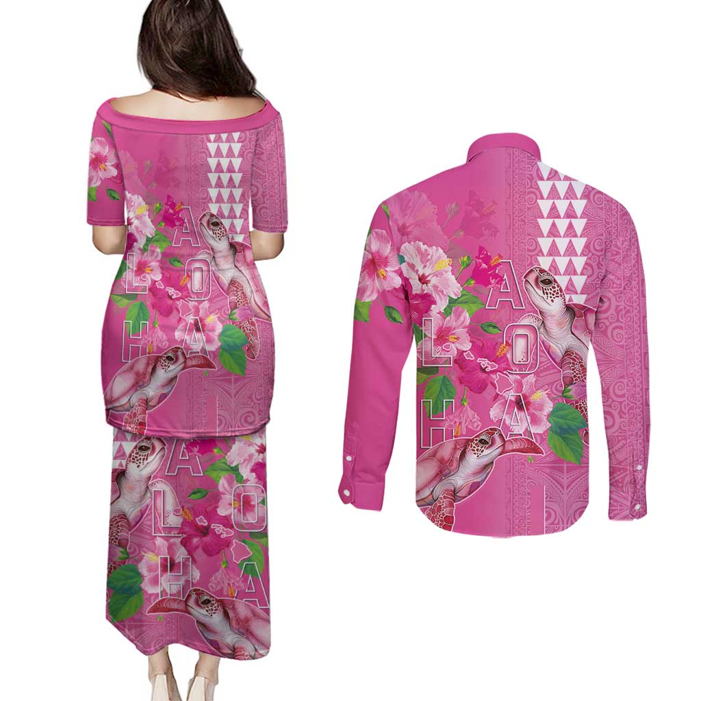 Hawaii Aloha Turtle Hibiscus and Leaves Couples Matching Puletasi and Long Sleeve Button Shirt with Polynesian and Kakau Tattoos Rose Color LT03 - Polynesian Pride