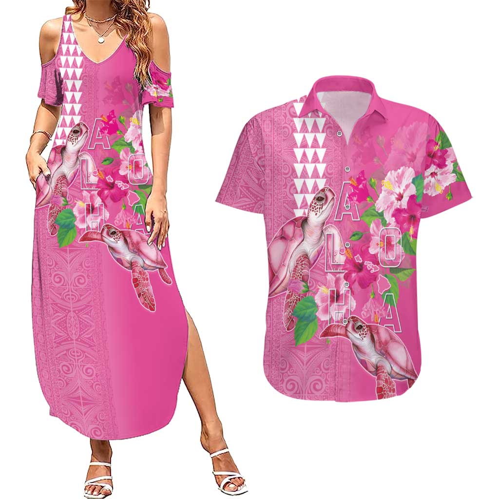 Hawaii Aloha Turtle Hibiscus and Leaves Couples Matching Summer Maxi Dress and Hawaiian Shirt with Polynesian and Kakau Tattoos Rose Color - Polynesian Pride
