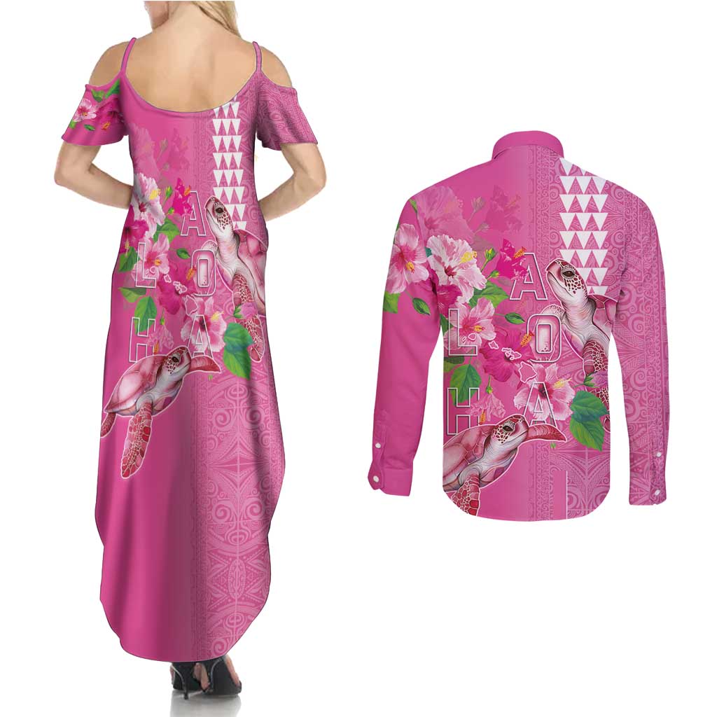 Hawaii Aloha Turtle Hibiscus and Leaves Couples Matching Summer Maxi Dress and Long Sleeve Button Shirt with Polynesian and Kakau Tattoos Rose Color LT03 - Polynesian Pride