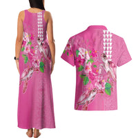 Hawaii Aloha Turtle Hibiscus and Leaves Couples Matching Tank Maxi Dress and Hawaiian Shirt with Polynesian and Kakau Tattoos Rose Color LT03 - Polynesian Pride