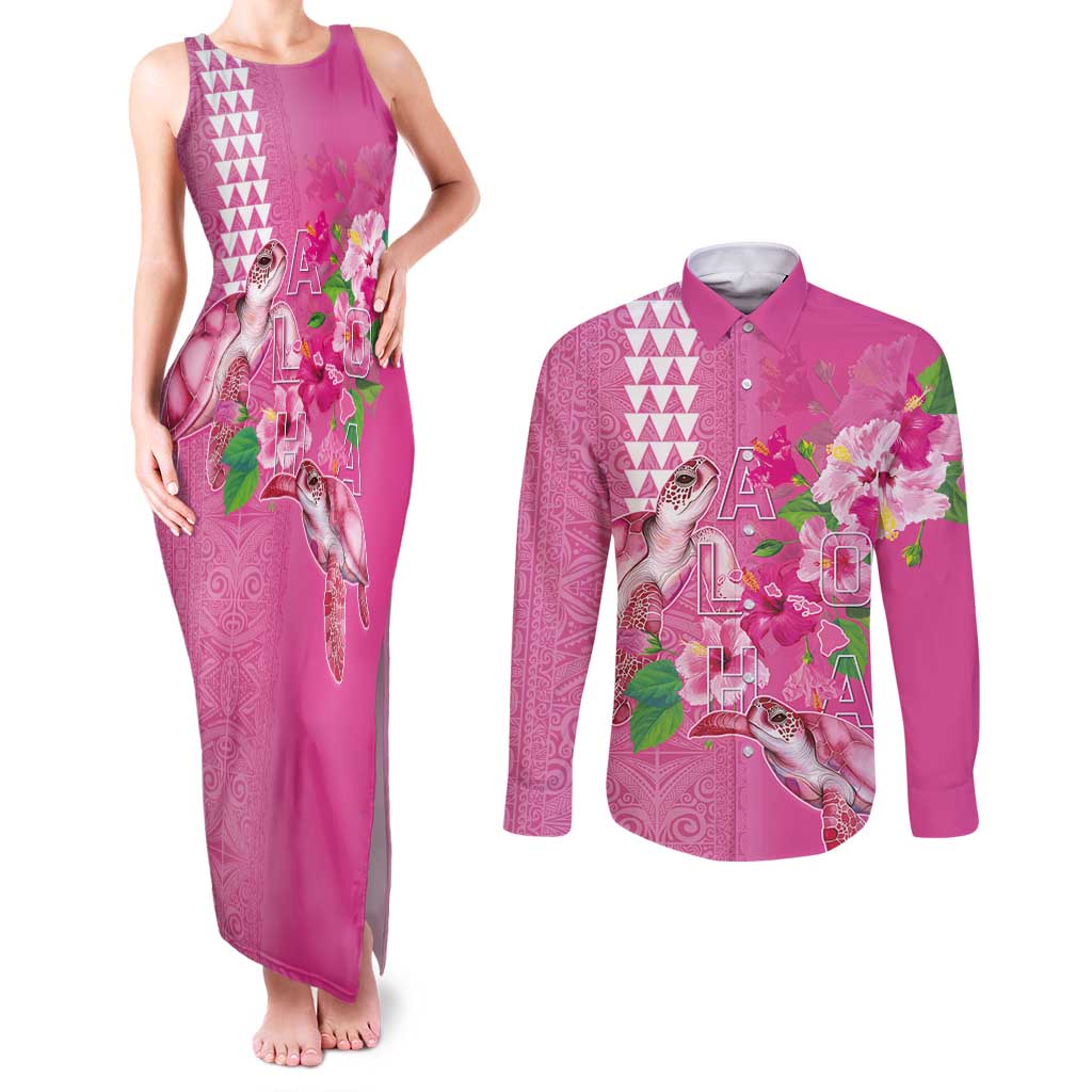 Hawaii Aloha Turtle Hibiscus and Leaves Couples Matching Tank Maxi Dress and Long Sleeve Button Shirt with Polynesian and Kakau Tattoos Rose Color LT03 Pink - Polynesian Pride