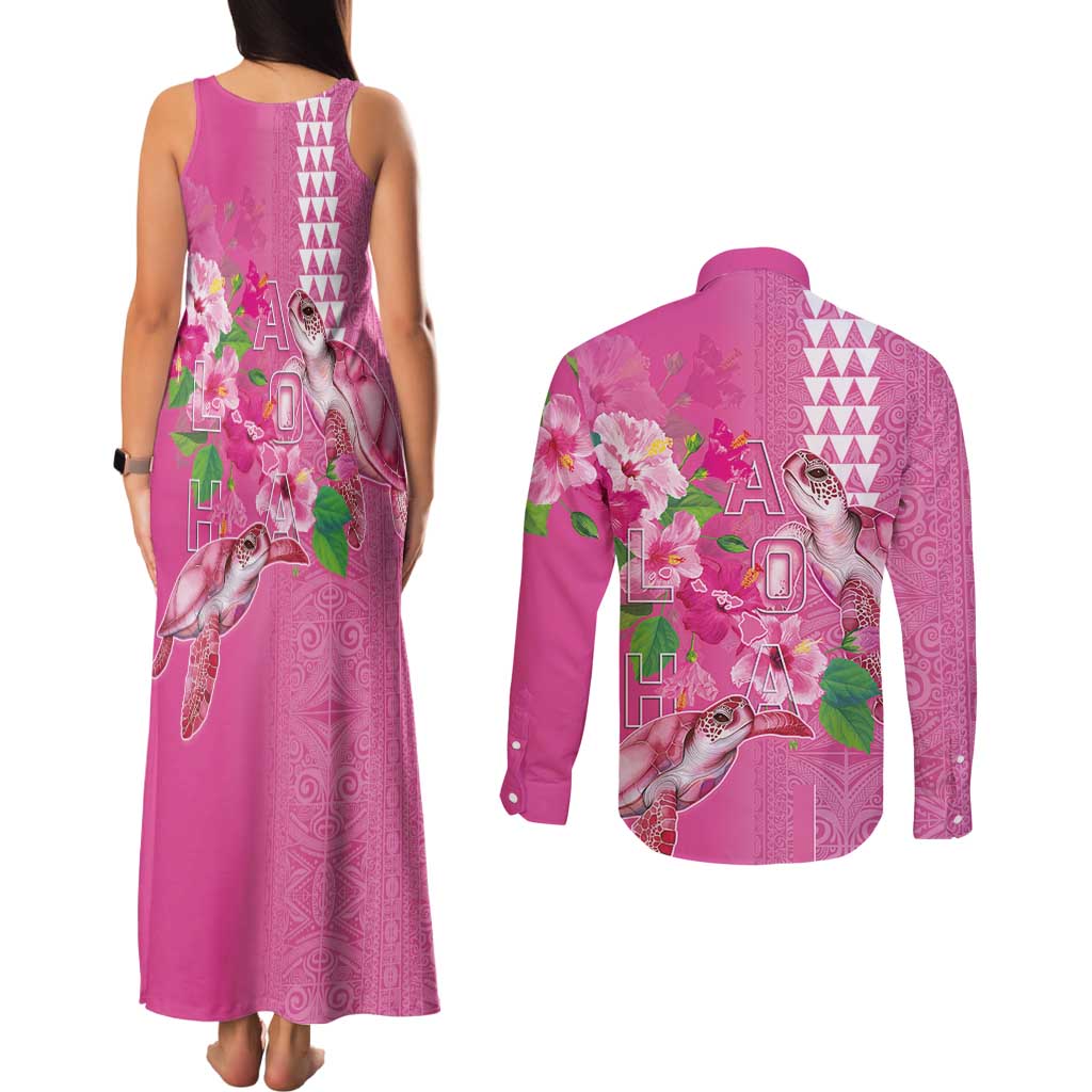Hawaii Aloha Turtle Hibiscus and Leaves Couples Matching Tank Maxi Dress and Long Sleeve Button Shirt with Polynesian and Kakau Tattoos Rose Color LT03 - Polynesian Pride