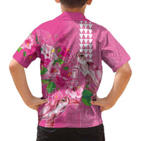 Hawaii Aloha Turtle Hibiscus and Leaves Family Matching Off The Shoulder Long Sleeve Dress and Hawaiian Shirt with Polynesian and Kakau Tattoos Rose Color - Polynesian Pride