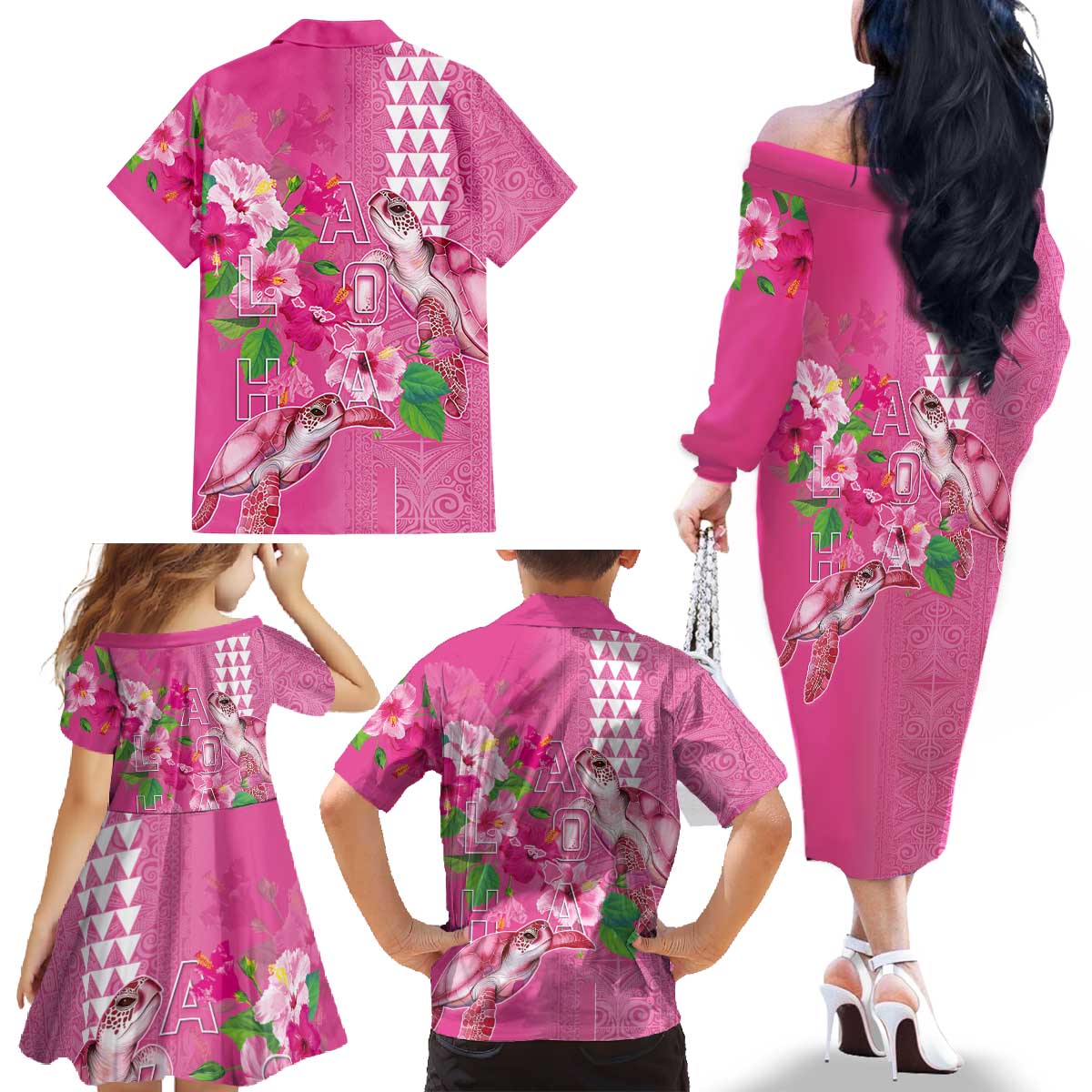 Hawaii Aloha Turtle Hibiscus and Leaves Family Matching Off The Shoulder Long Sleeve Dress and Hawaiian Shirt with Polynesian and Kakau Tattoos Rose Color - Polynesian Pride