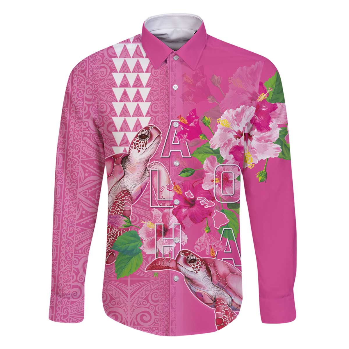 Hawaii Aloha Turtle Hibiscus and Leaves Family Matching Off The Shoulder Long Sleeve Dress and Hawaiian Shirt with Polynesian and Kakau Tattoos Rose Color - Polynesian Pride