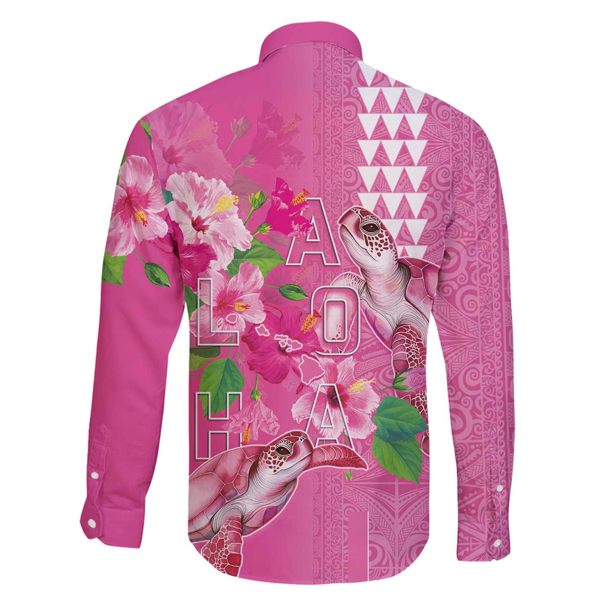 Hawaii Aloha Turtle Hibiscus and Leaves Family Matching Off The Shoulder Long Sleeve Dress and Hawaiian Shirt with Polynesian and Kakau Tattoos Rose Color - Polynesian Pride