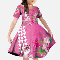 Hawaii Aloha Turtle Hibiscus and Leaves Family Matching Off Shoulder Maxi Dress and Hawaiian Shirt with Polynesian and Kakau Tattoos Rose Color LT03 Daughter's Dress Pink - Polynesian Pride