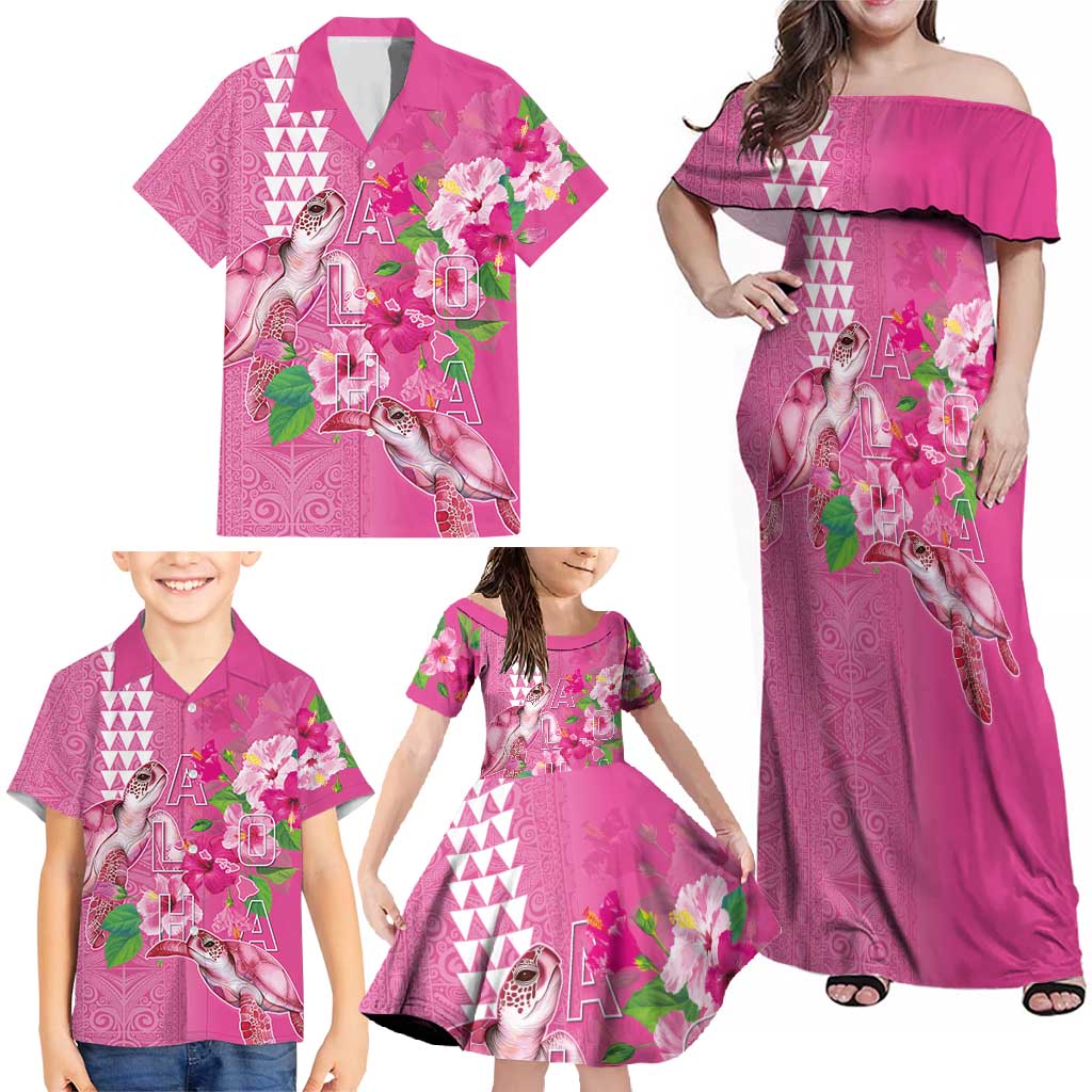 Hawaii Aloha Turtle Hibiscus and Leaves Family Matching Off Shoulder Maxi Dress and Hawaiian Shirt with Polynesian and Kakau Tattoos Rose Color - Polynesian Pride