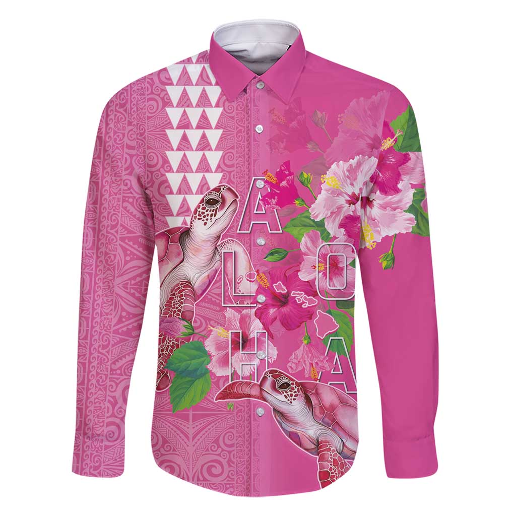 Hawaii Aloha Turtle Hibiscus and Leaves Family Matching Off Shoulder Maxi Dress and Hawaiian Shirt with Polynesian and Kakau Tattoos Rose Color LT03 Dad's Shirt - Long Sleeve Pink - Polynesian Pride