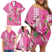 Hawaii Aloha Turtle Hibiscus and Leaves Family Matching Off Shoulder Short Dress and Hawaiian Shirt with Polynesian and Kakau Tattoos Rose Color LT03 - Polynesian Pride
