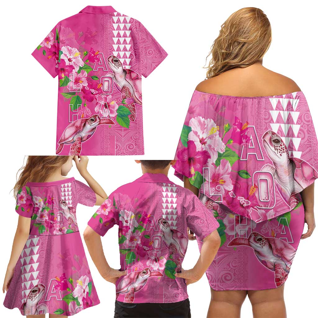 Hawaii Aloha Turtle Hibiscus and Leaves Family Matching Off Shoulder Short Dress and Hawaiian Shirt with Polynesian and Kakau Tattoos Rose Color LT03 - Polynesian Pride