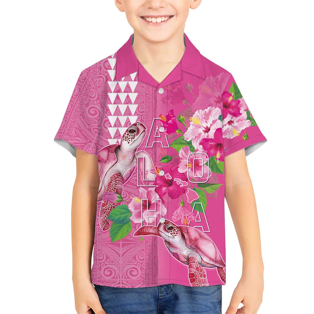 Hawaii Aloha Turtle Hibiscus and Leaves Family Matching Off Shoulder Short Dress and Hawaiian Shirt with Polynesian and Kakau Tattoos Rose Color LT03 Son's Shirt Pink - Polynesian Pride