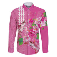Hawaii Aloha Turtle Hibiscus and Leaves Family Matching Puletasi and Hawaiian Shirt with Polynesian and Kakau Tattoos Rose Color LT03 Dad's Shirt - Long Sleeve Pink - Polynesian Pride