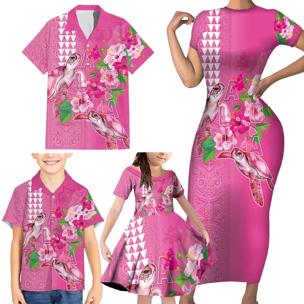 Hawaii Aloha Turtle Hibiscus and Leaves Family Matching Short Sleeve Bodycon Dress and Hawaiian Shirt with Polynesian and Kakau Tattoos Rose Color - Polynesian Pride